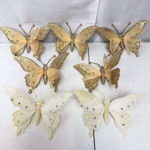 Set of 7 Gold & Ivory White BUTTERFLY CLIP ON CHRISTMAS Glitter ORNAMENTS 7"